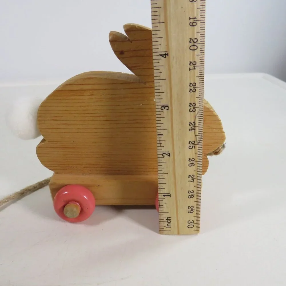 All Wood Bunny Rabbit Pull Toy with wood wheels (fabric tale) 4 1/2